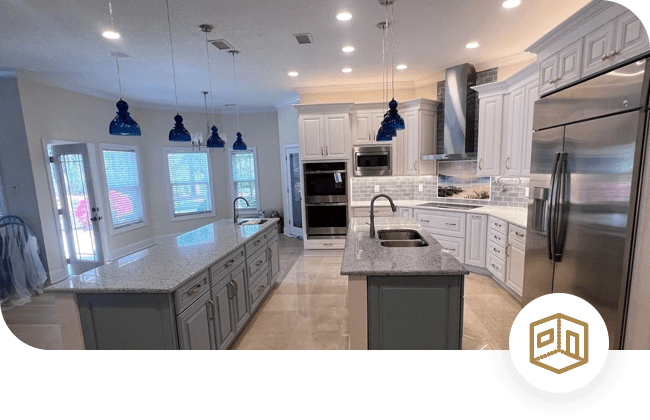 A kitchen with white cabinets and blue lights